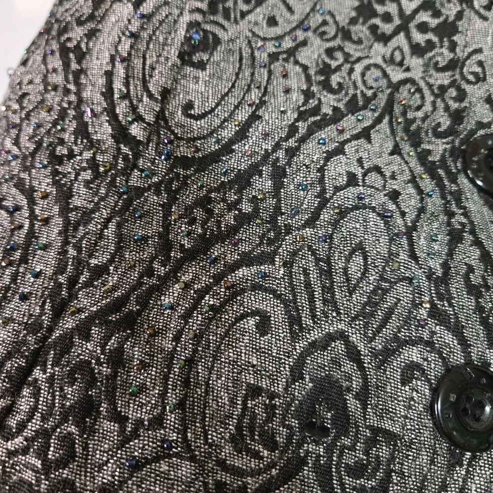 Vintage  L Tapestry Maximalist Art to‎ Wear Beaded Black Silver Shirt Jacket